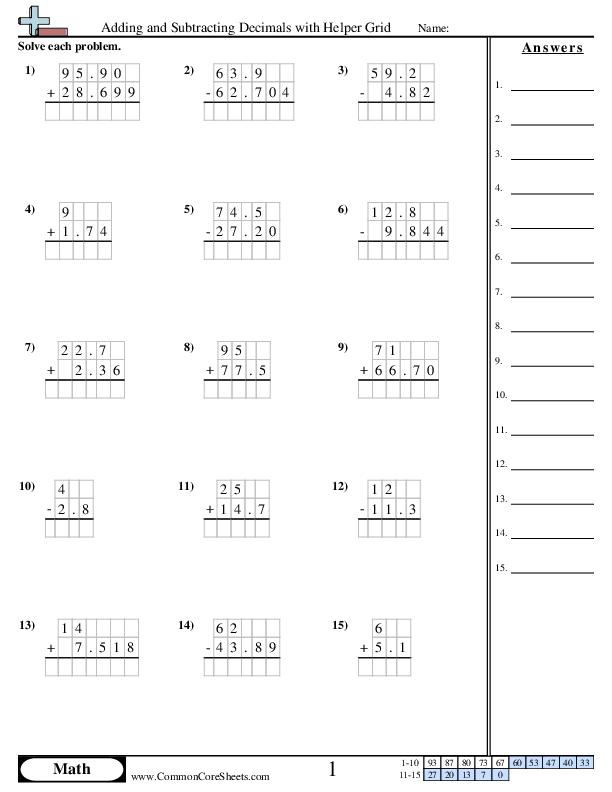 Adding and Subtracting Decimals with Helper Grid worksheet
